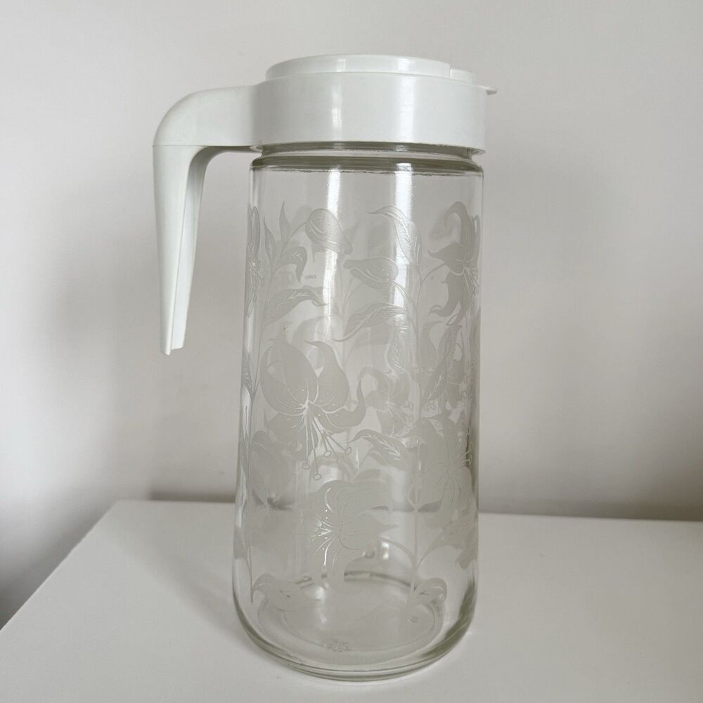 Vintage 1 Quart Tang Glass Pitcher with White Lid and Etched Lily Carafe